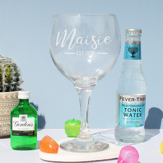 Personalised Est Gin Balloon Glass & Miniature Gin Set