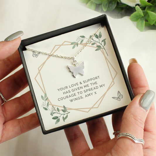 Personalised Botanical Sentiment Butterfly Necklace and Gift Box