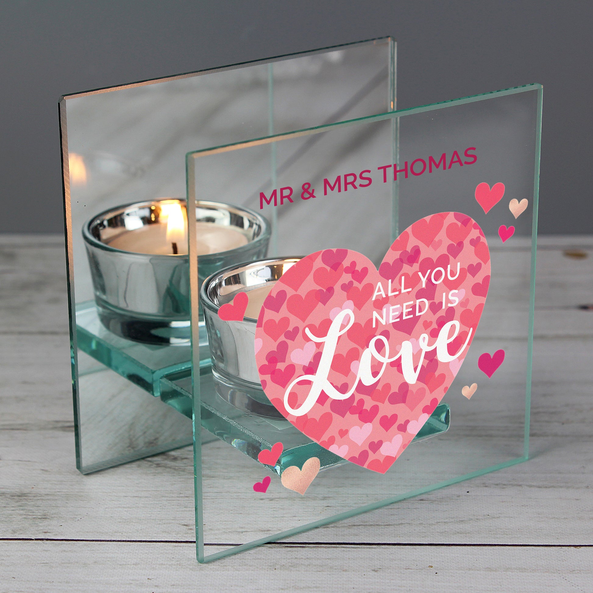 Personalised Love is All You Need Mirrored Glass Tea Light Candle Holder
