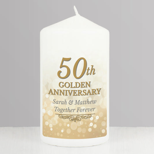 Personalised 50th Golden Anniversary Pillar Candle - PCS Cufflinks & Gifts