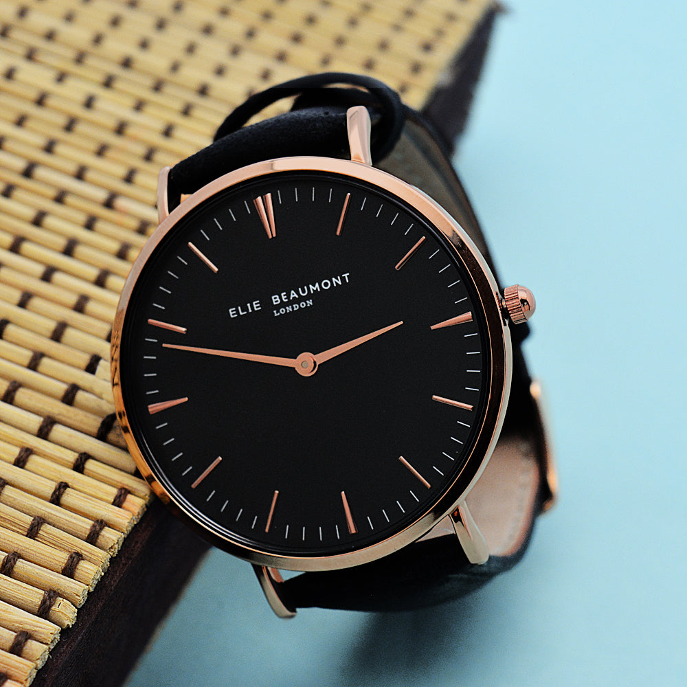 Personalised Elie Beaumont Ladies Leather Watch in Black
