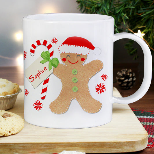 Personalised Felt Stitch Gingerbread Man Plastic Christmas Mug