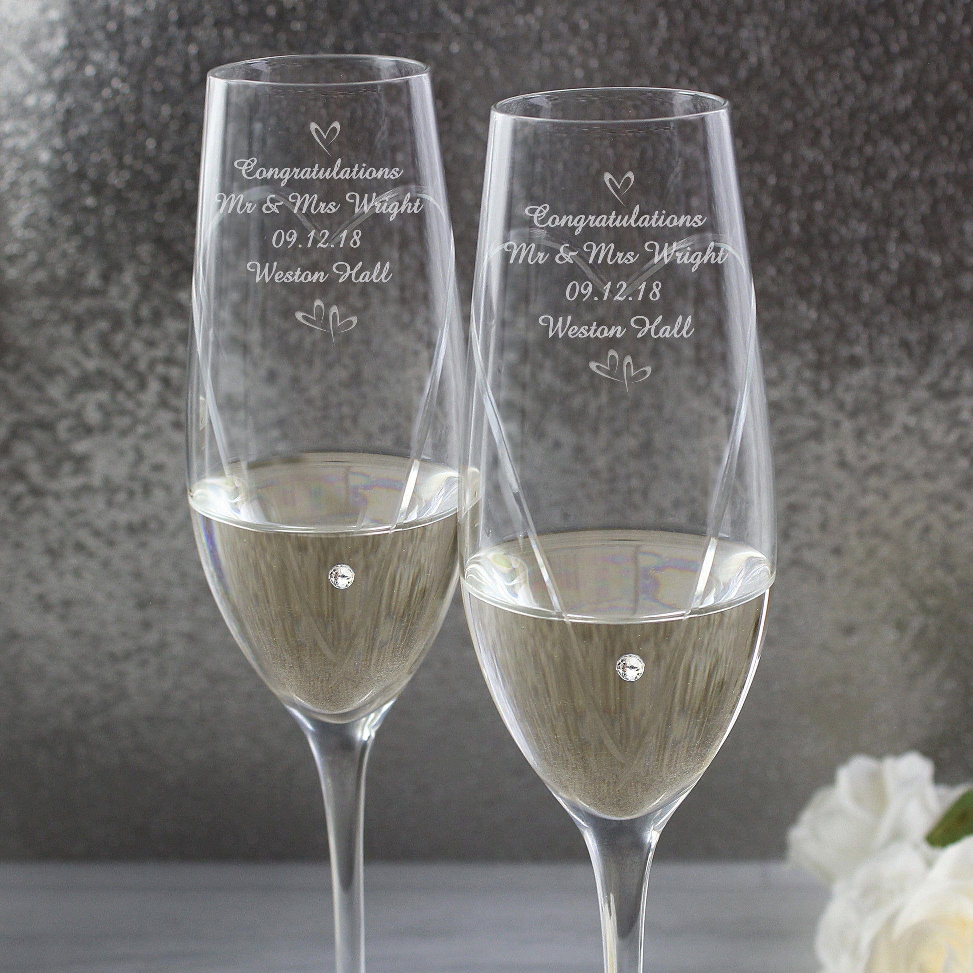 Personalised Hand Cut Little Hearts Swarovski Pair of Flute Glasses with Gift Box