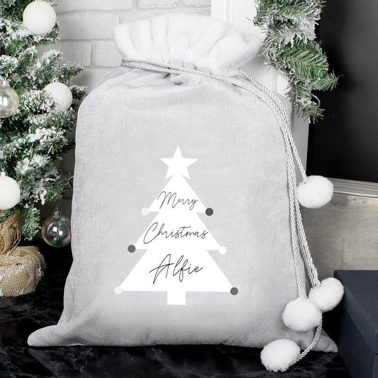 Luxury Personalised Christmas Tree Pom Pom Silver Grey Sack