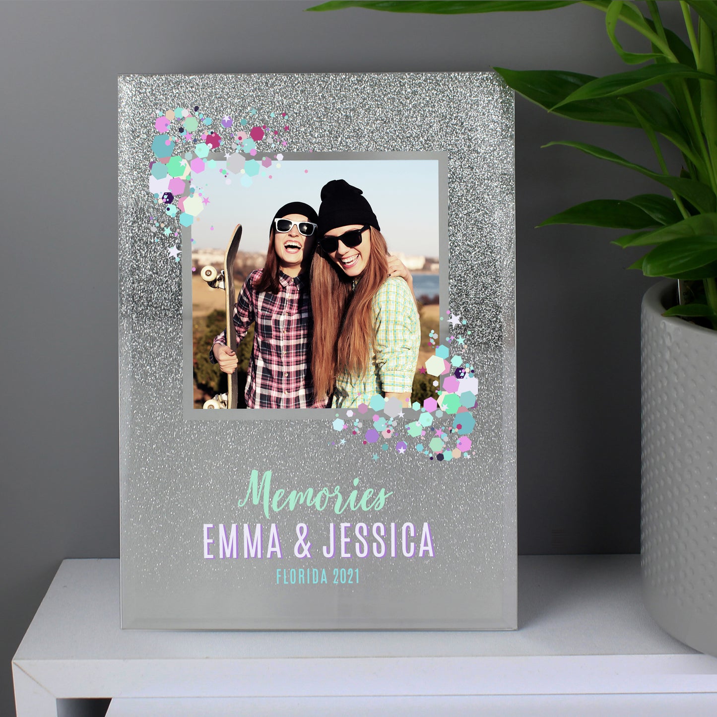 Personalised Festival Style Glitter Glass Photo Frame 4x4