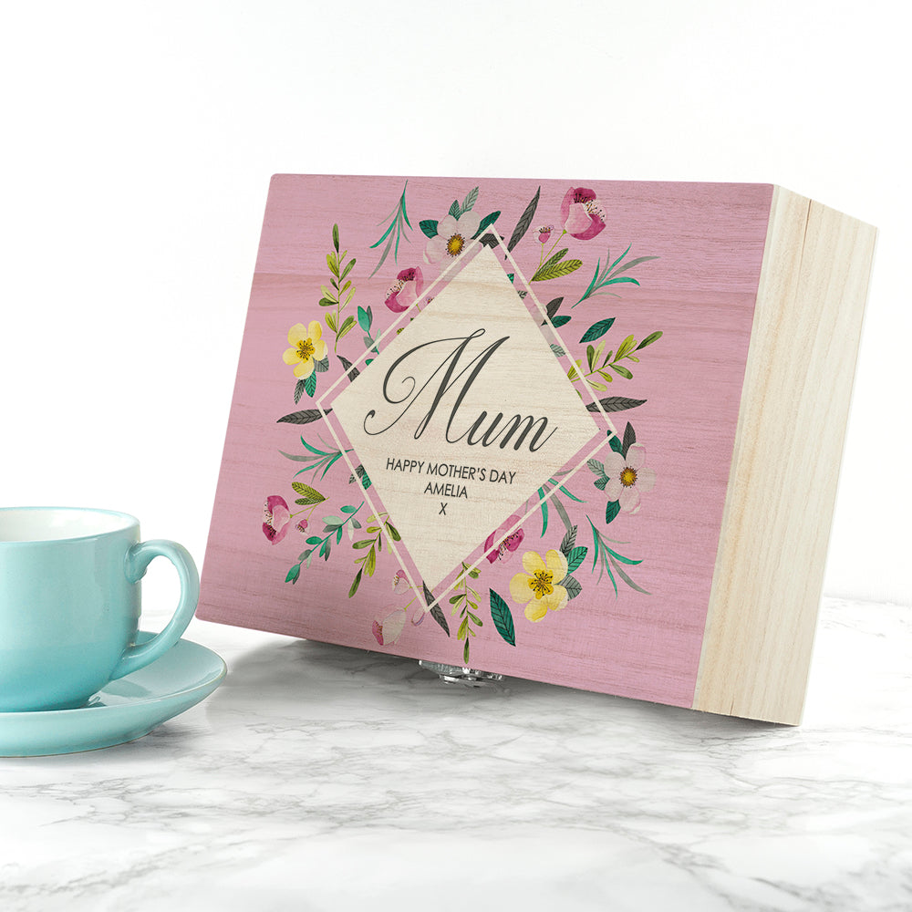 Personalised Botanical Mother's Day Wooden Tea Box