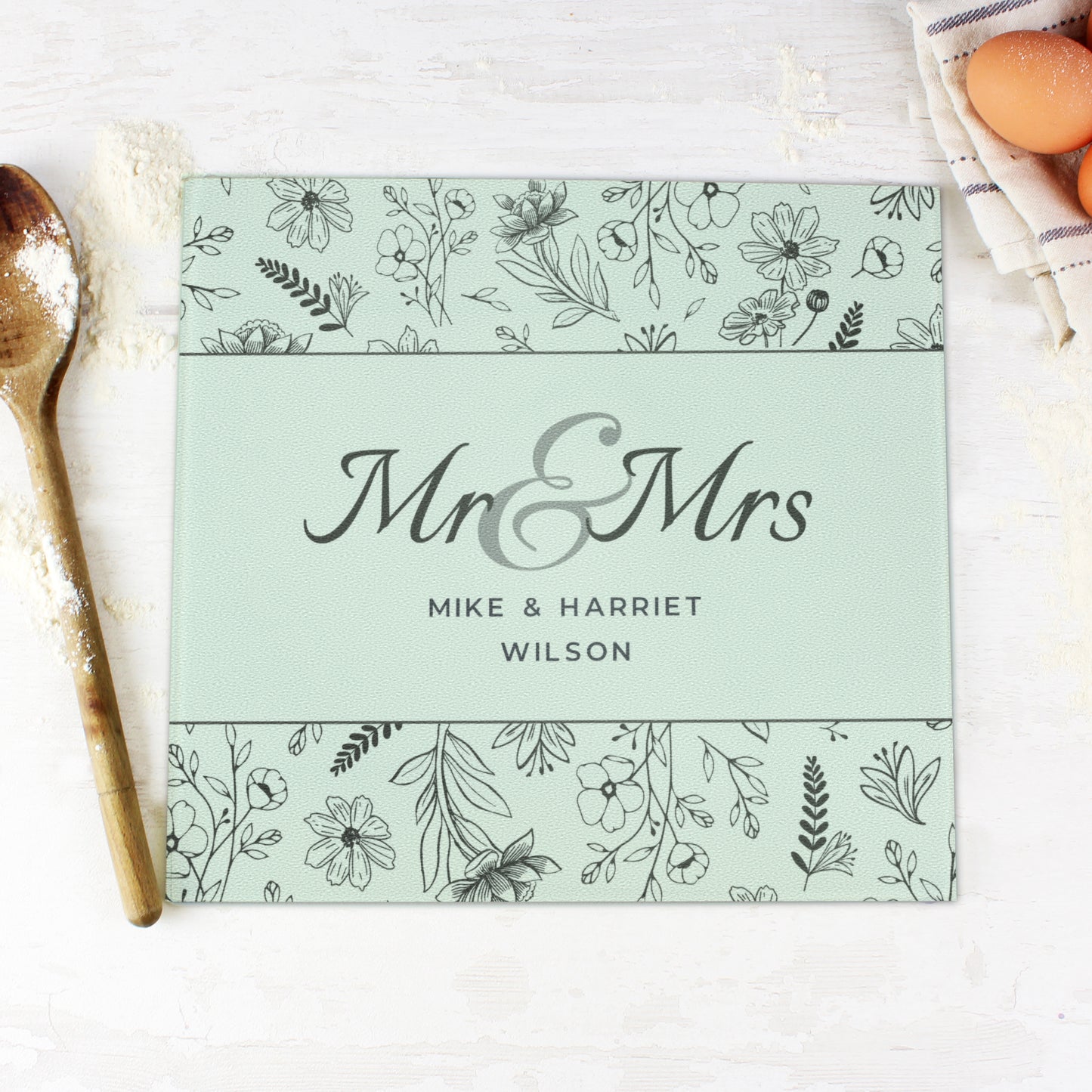 Personalised Mr & Mrs Botanical Glass Chopping Board - Wedding Gift