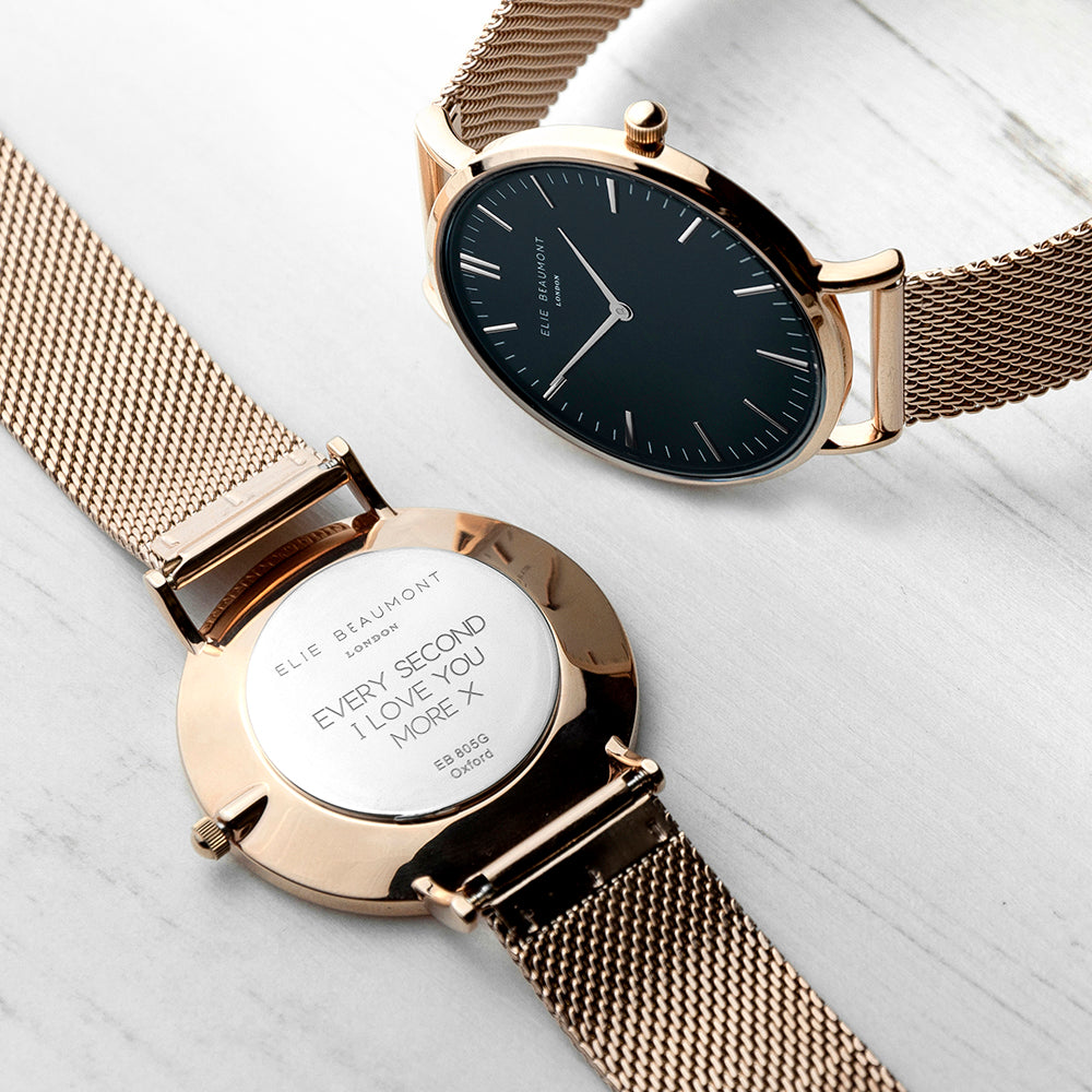Personalised Elie Beaumont Ladies Rose Gold Mesh Strapped Watch With Black Dial