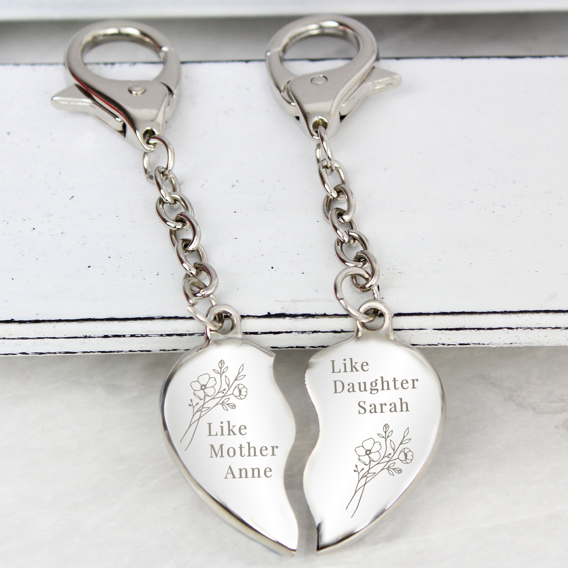 Personalised Floral Like Mother Like Daughter Two Heart Keyring