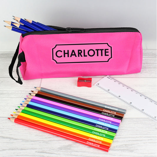 Personalised Pink Pencil Case with Pencils & Crayons