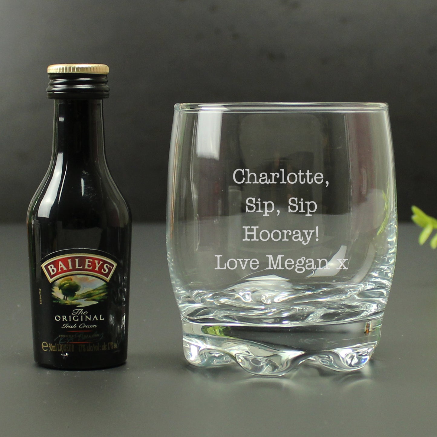 Personalised Engraved Tumbler Glass & Baileys Miniature Set