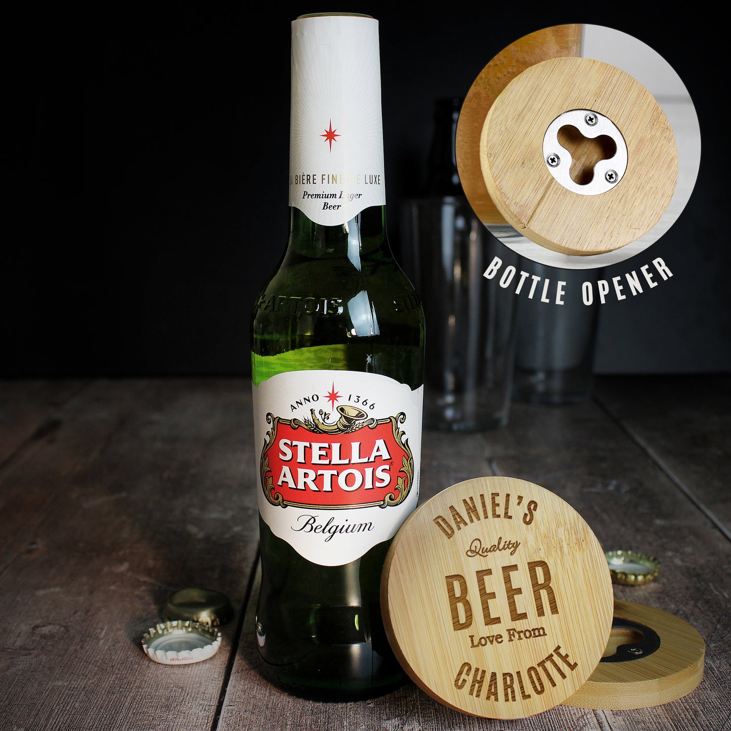 Personalised Bamboo Bottle Opener Coaster and Beer Set - Free Delivery