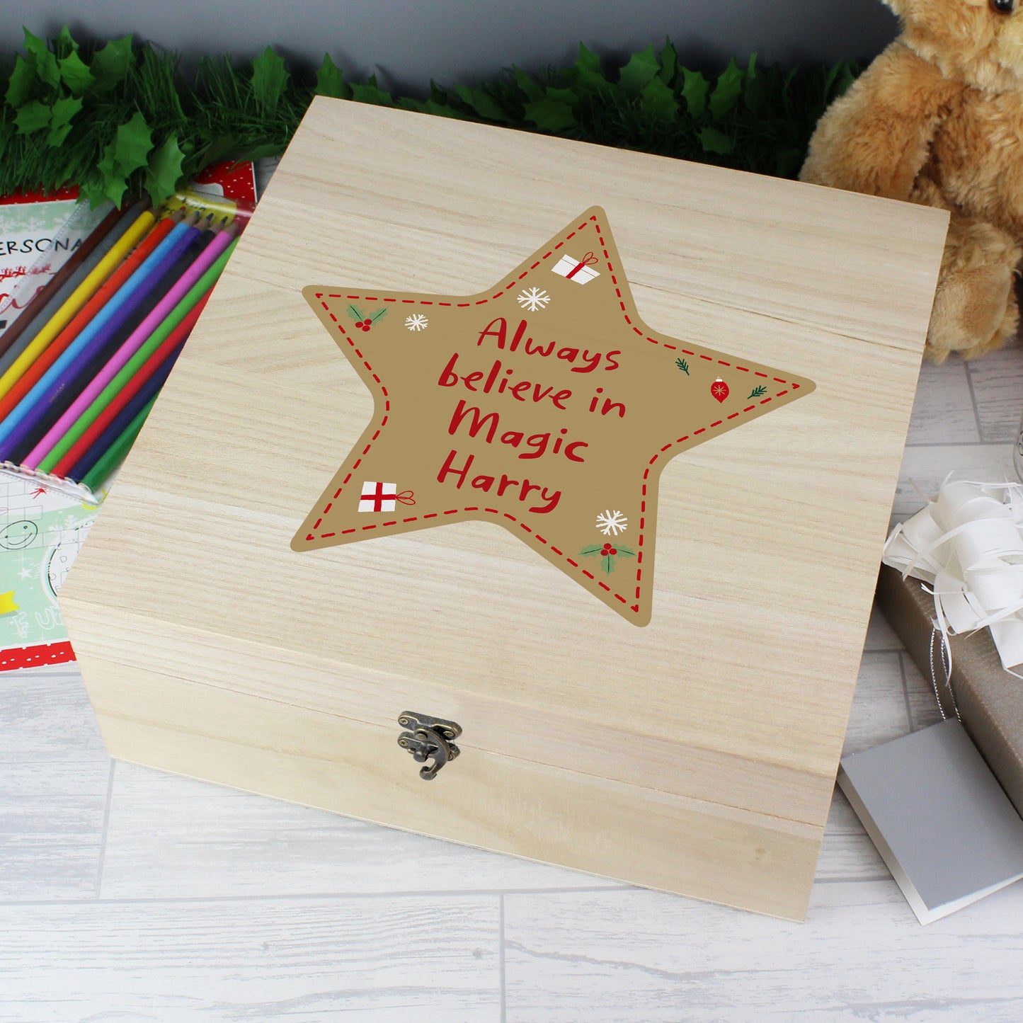 Personalised Star Christmas Eve Large Wooden Keepsake Box