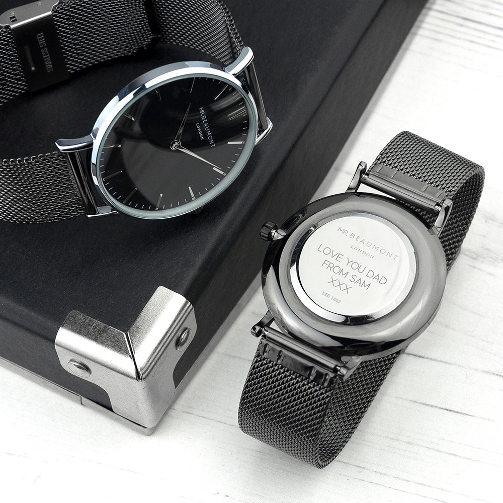 Engraved Men's Metal Watch - Charcoal Grey With Black Face Mr Beaumont