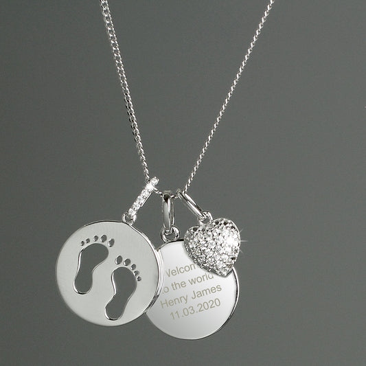 Personalised Sterling Silver Footprints & Cubic Zirconia Heart Necklace