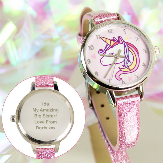 Personalised Unicorn with Pink Glitter Strap Girls Watch - PCS Cufflinks & Gifts