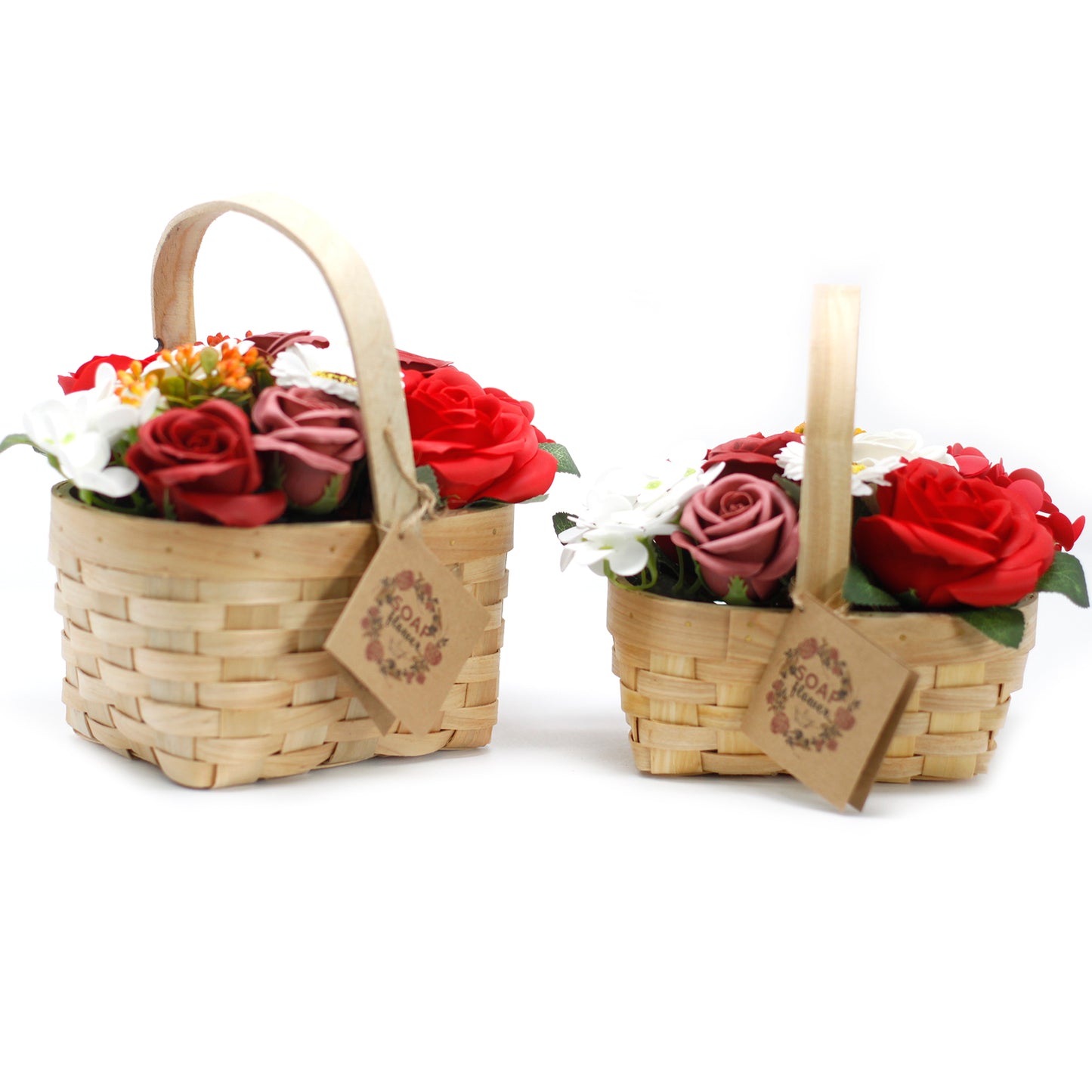 Medium Red Soap Flower Bouquet in Wicker Basket