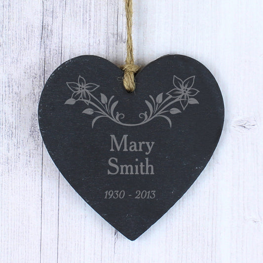 Personalised In Loving Memory Memorial Floral Slate Heart Decoration