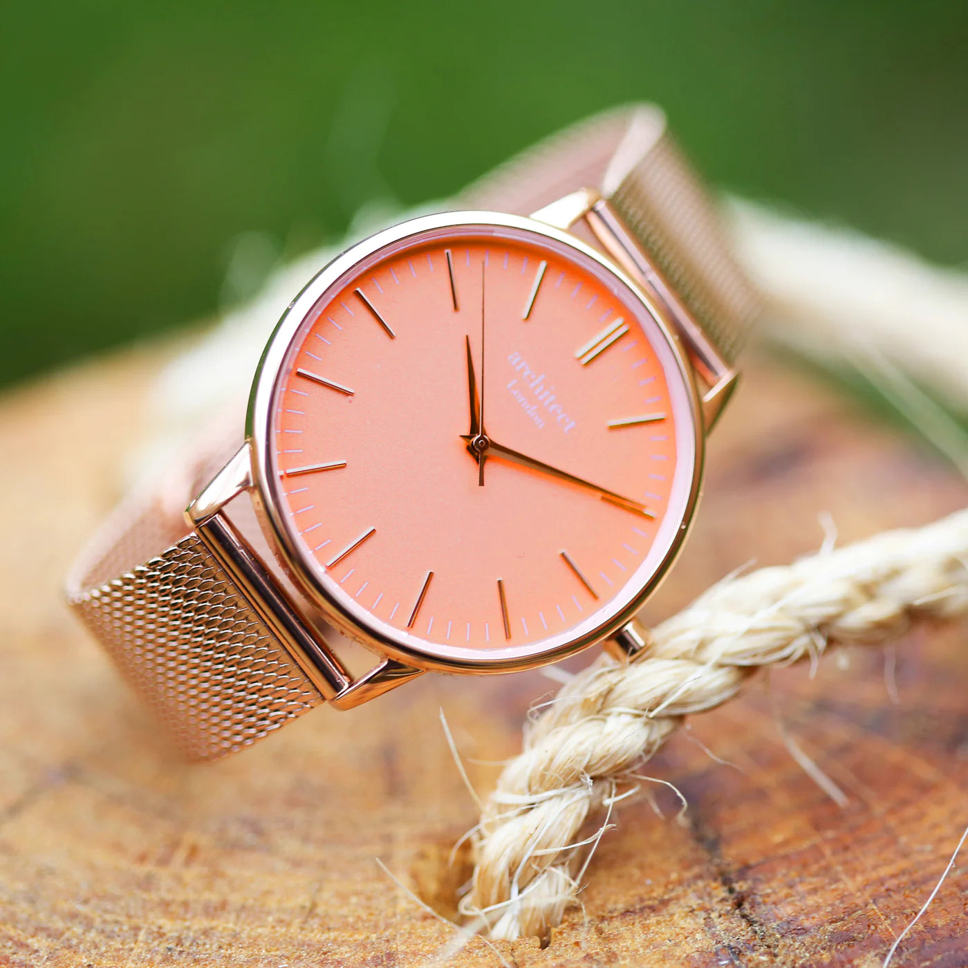 Engraved Ladies Architect Coral Watch - Rose Gold Mesh Strap