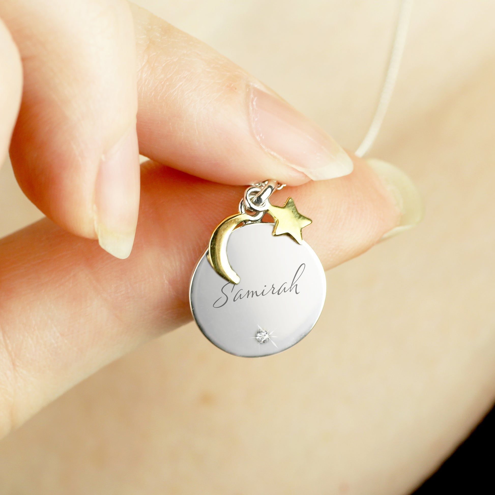 Personalised Sentiment Eid Moon & Star Sterling Silver Necklace & Box