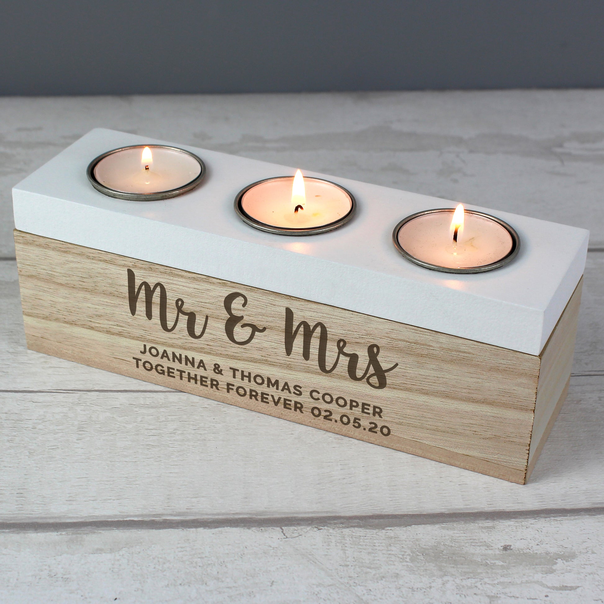 Personalised Mr & Mrs Wedding Triple Tea Light Box