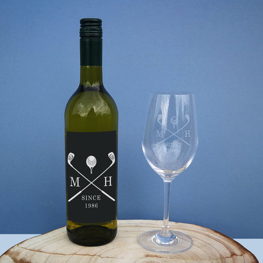 Personalised Golf White Wine & Wine Glass Gift Set - PCS Cufflinks & Gifts