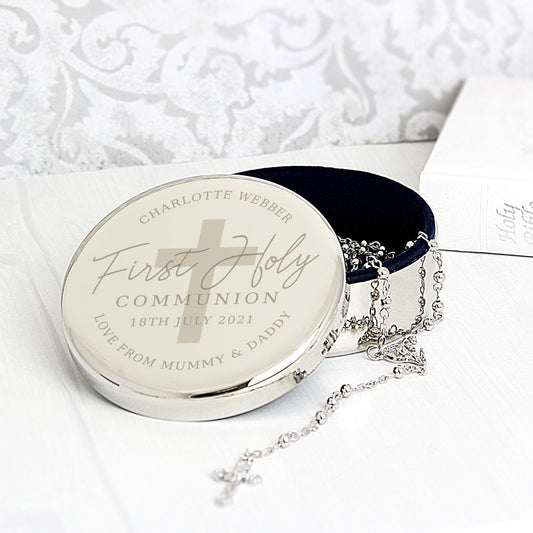 Personalised First Holy Communion Round Trinket Box & Cross Necklace Set