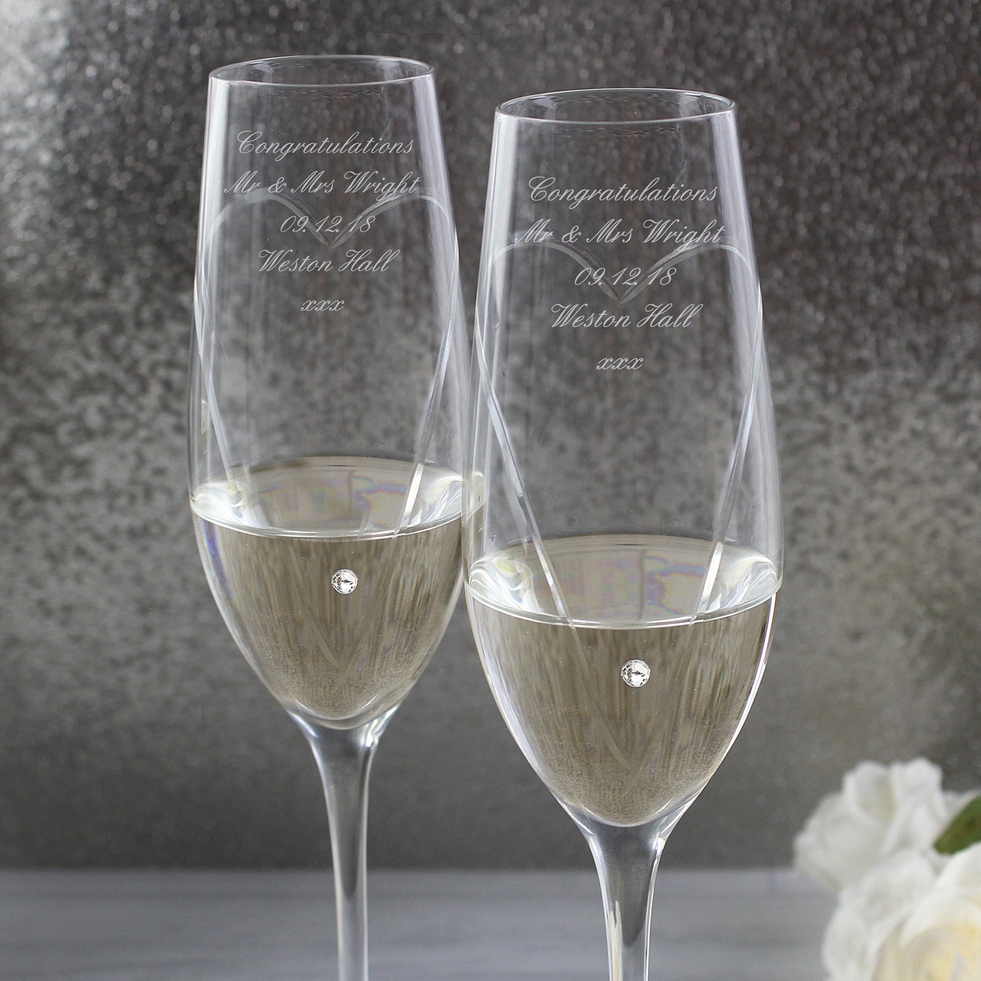 Personalised Hand Cut Heart Swarovski Pair of Flutes Glasses with Gift Box