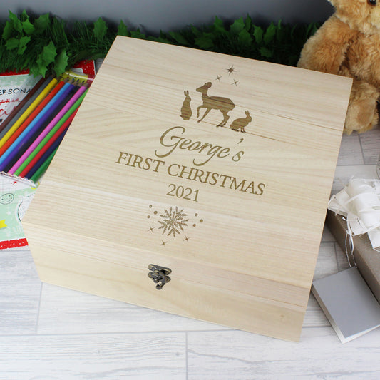 Personalised Woodland Christmas Eve Large Wooden Box