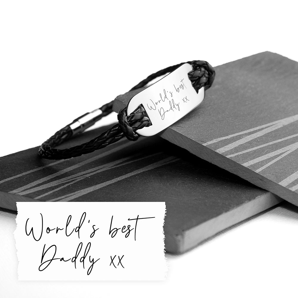 Personalised Handwriting Men's Black Leather Bracelet