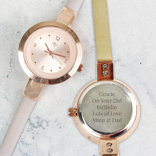 Personalised Rose Gold with Faux Leather Strap Ladies Watch - PCS Cufflinks & Gifts