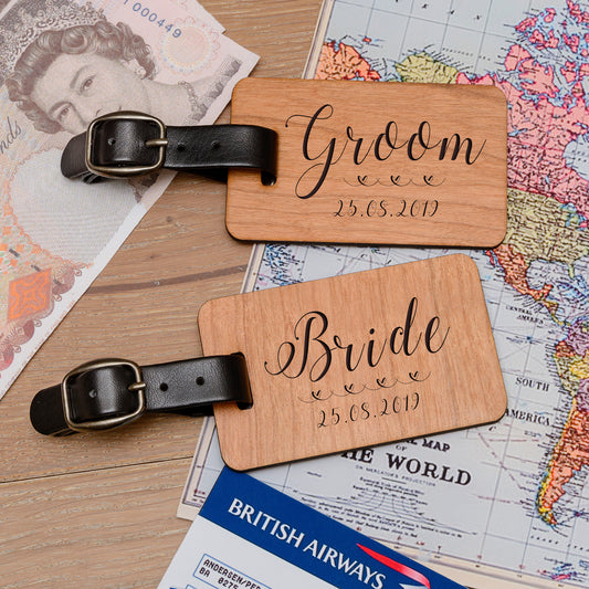 Bride and Groom Wooden Luggage Tags - Personalised 