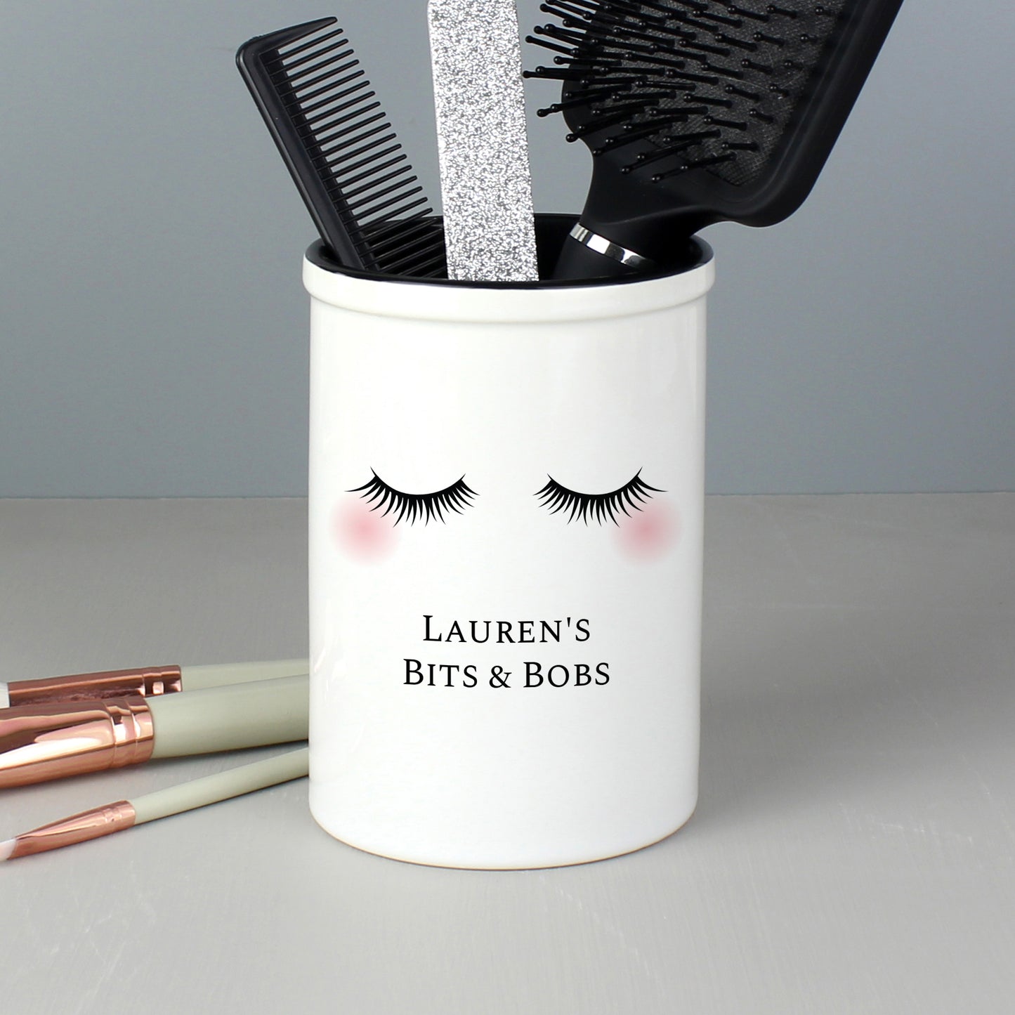 Personalised Eyelashes Ceramic Make Up Brushes Storage Pot Holder