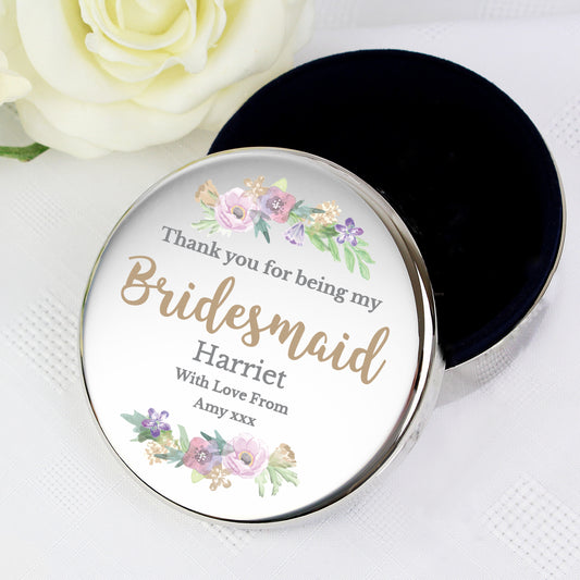 Personalised Bridesmaid Floral Watercolour Round Trinket Box