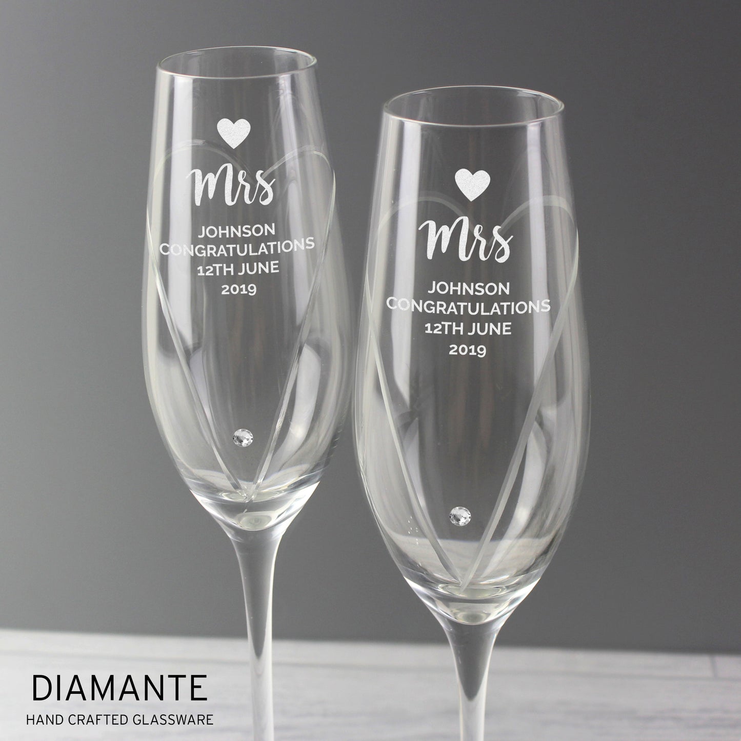 Personalised Hand Cut Heart Flute Glasses Wedding Anniversary Gifts