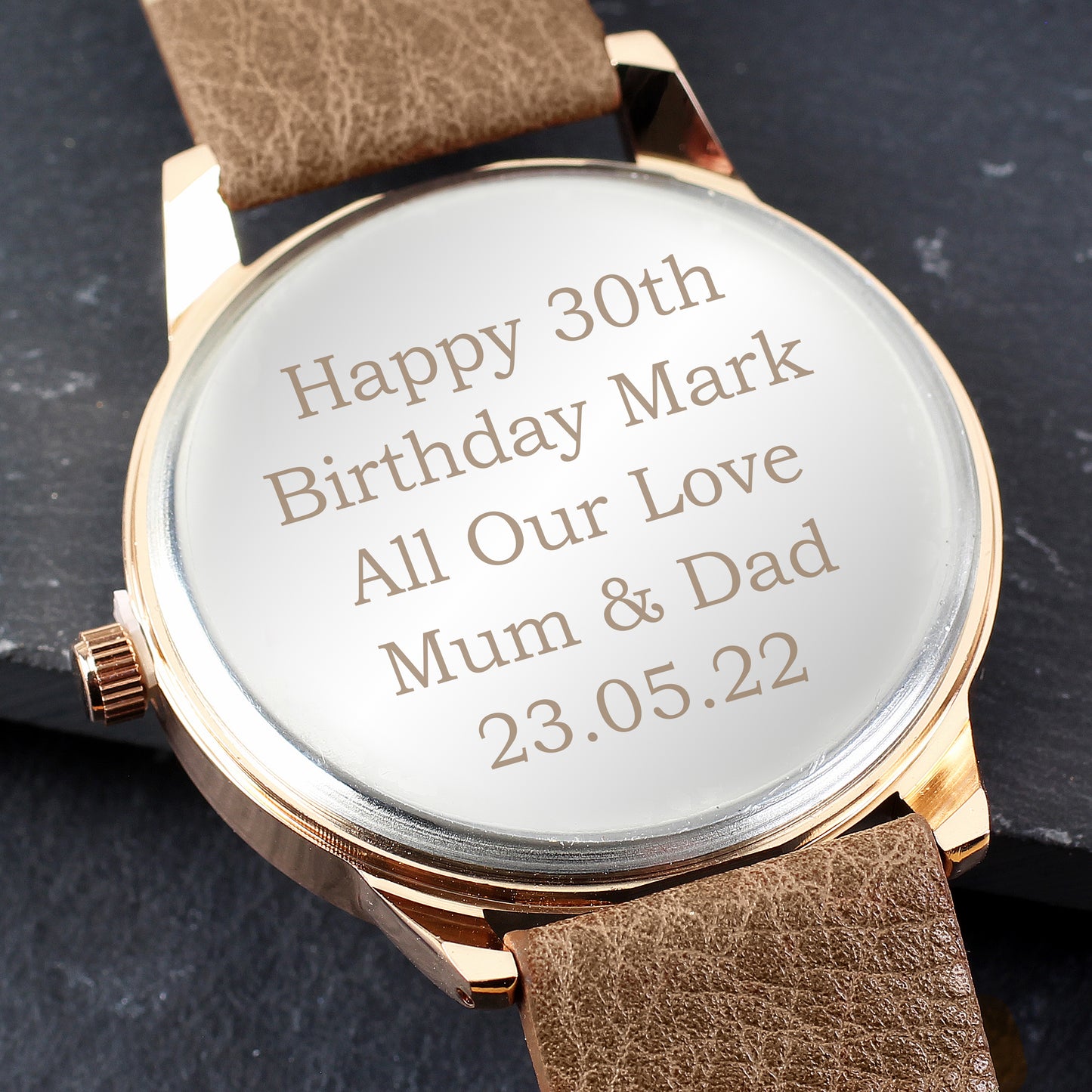 Personalised Mens Rose Gold Tone Watch with Brown Strap