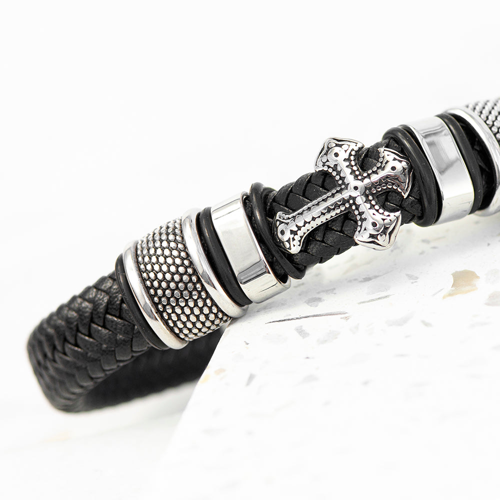Personalised Men's Gothic Cross Leather Bracelet