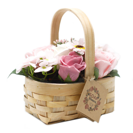 Medium Pink Soap Flowers Bouquet in Wicker Basket