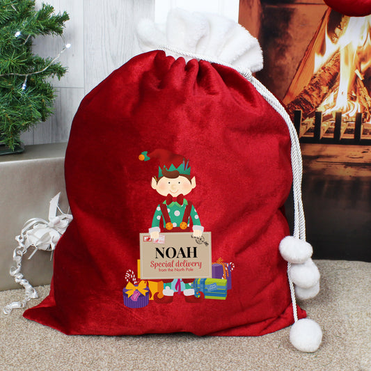 Luxury Personalised Christmas Elf Pom Pom Red Sack