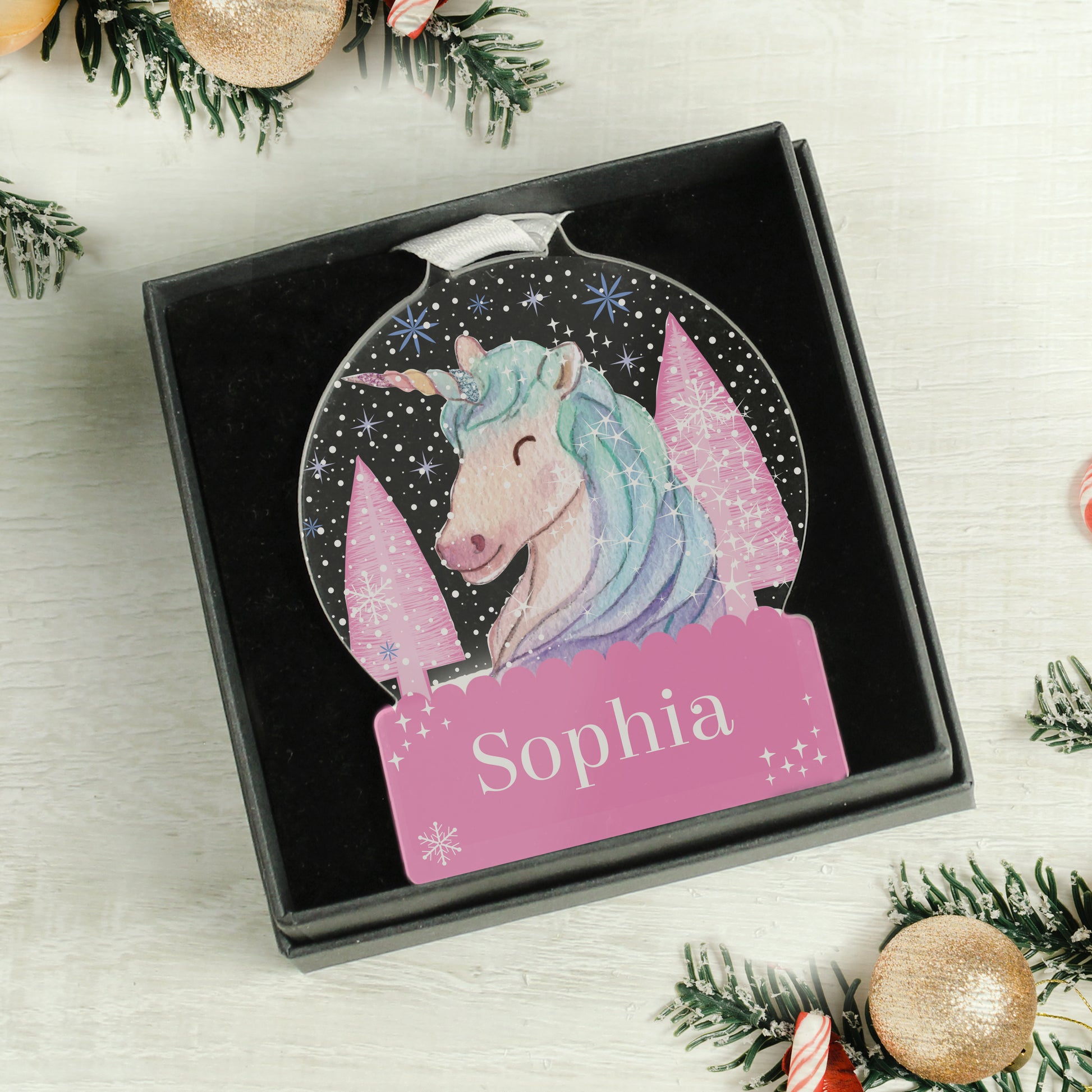 Personalised Unicorn Acrylic Snow Globe Christmas Decoration