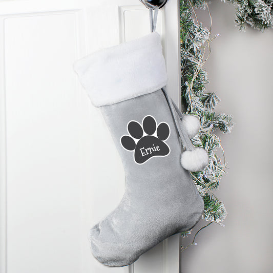 Personalised Pet Paw Print Silver Grey Christmas Stocking