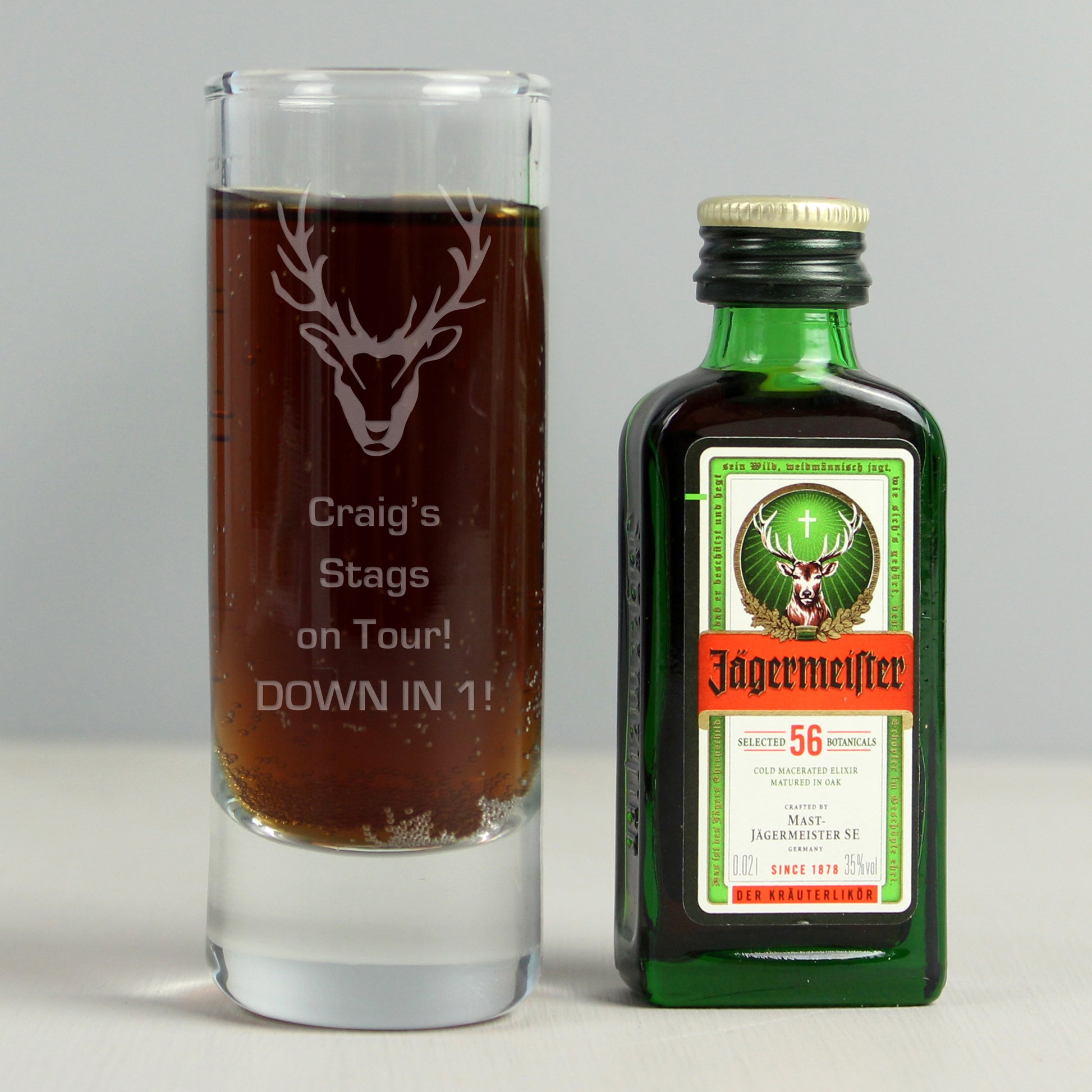 Personalised Stag Shot Glass and Miniature Jagermeister Gift Set