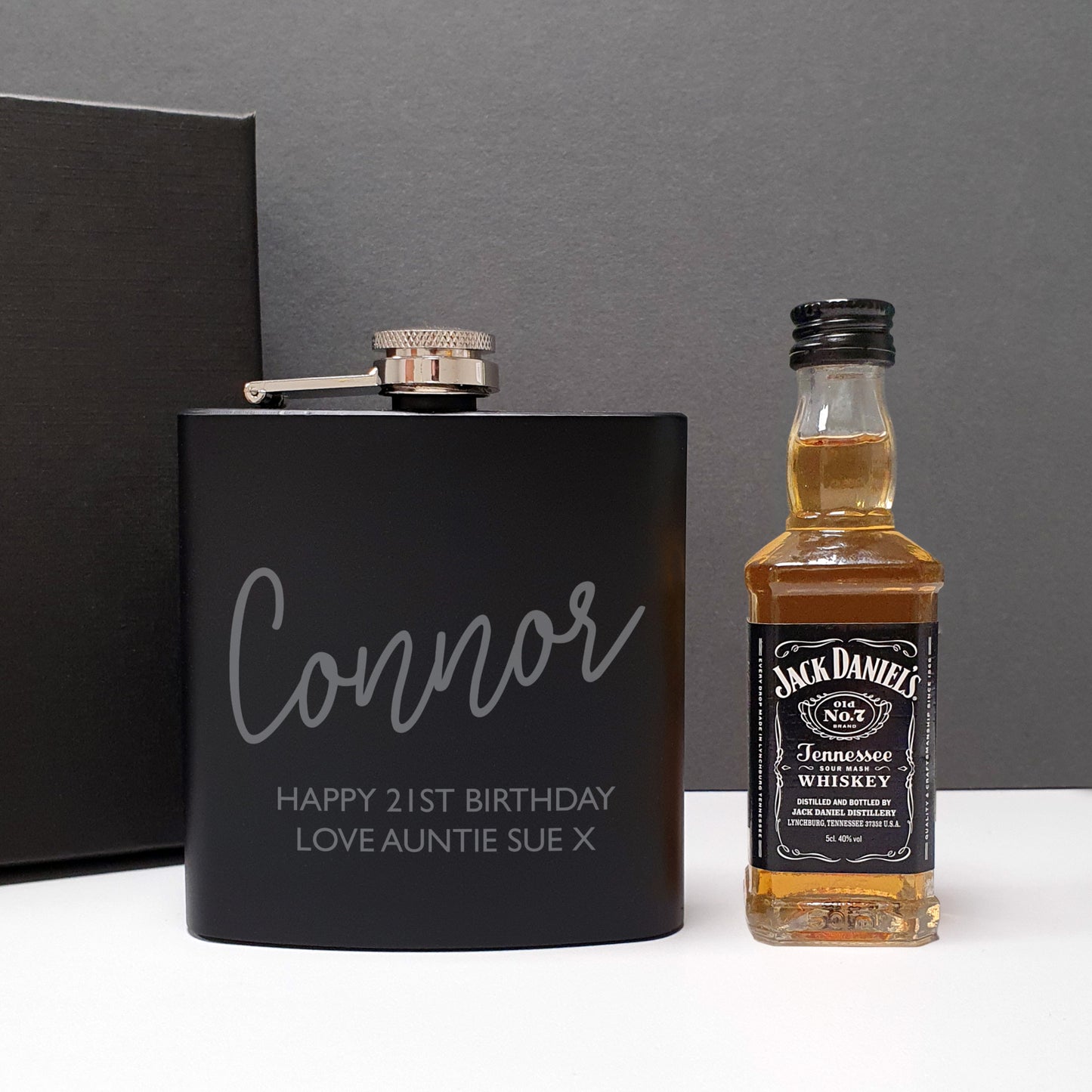 Personalised Free Text Hip Flask And Whiskey Miniature Set
