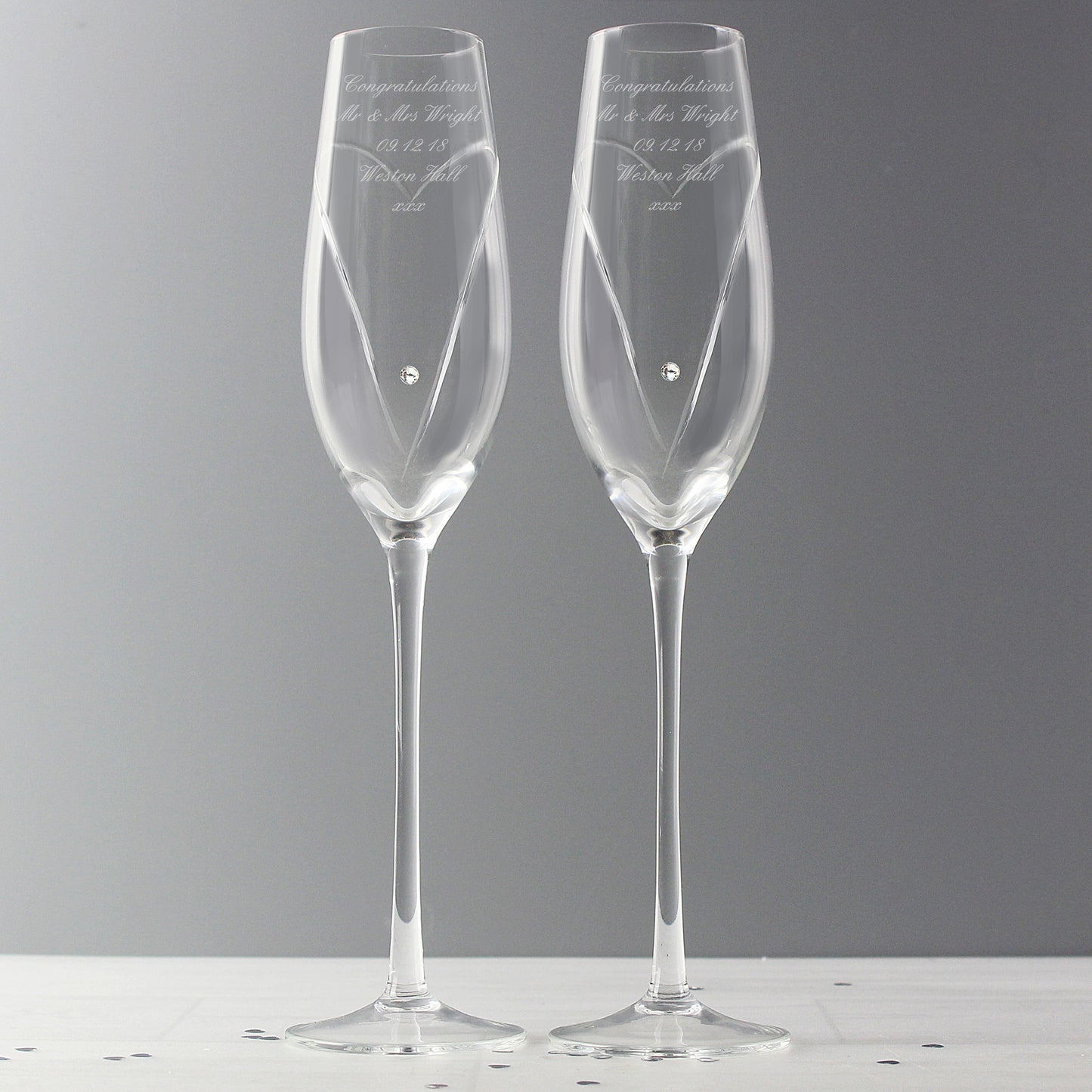 Personalised Hand Cut Heart Swarovski Pair of Flutes Glasses with Gift Box