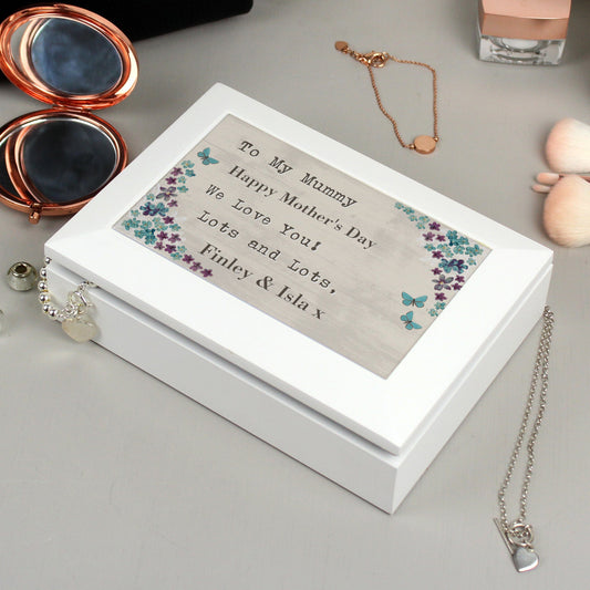 Personalised Forget Me Not White Wooden Jewellery Box