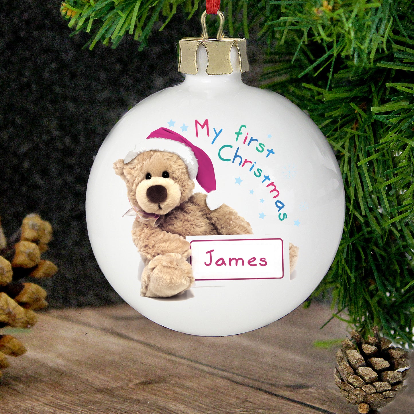 Personalised Teddy First Christmas Bauble