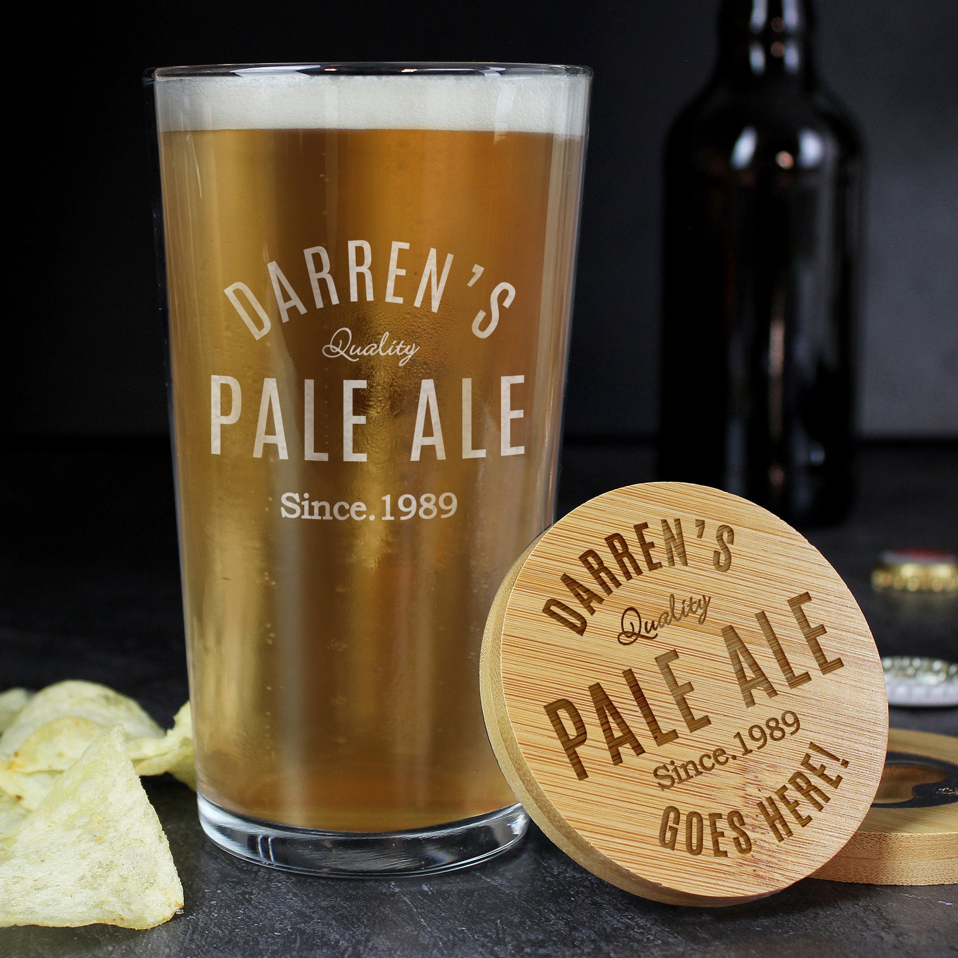 Personalised Free Text Bamboo Bottle Opener Coaster & Pint Glass