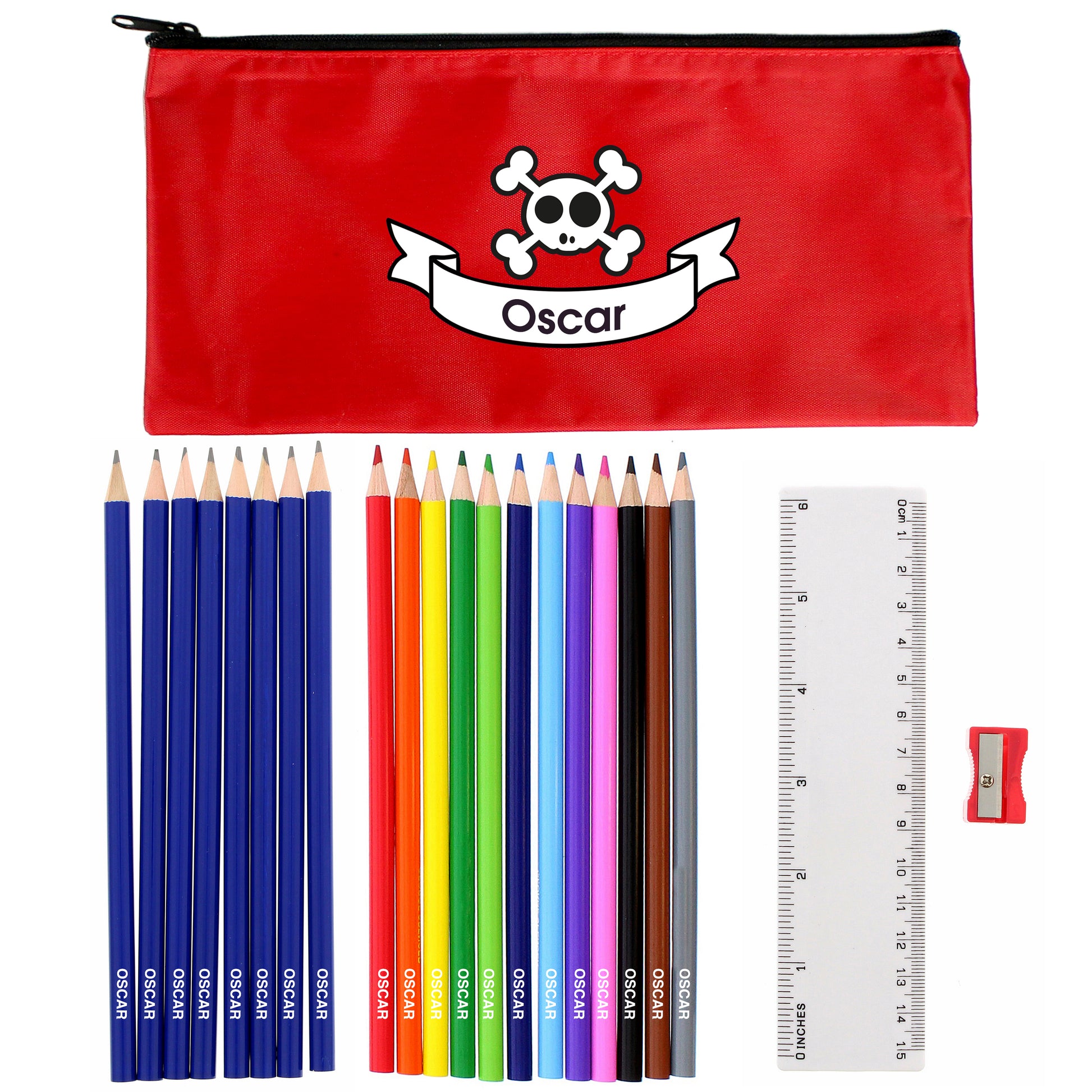Personalised Red Skull Pencil Case with Pencils & Crayons