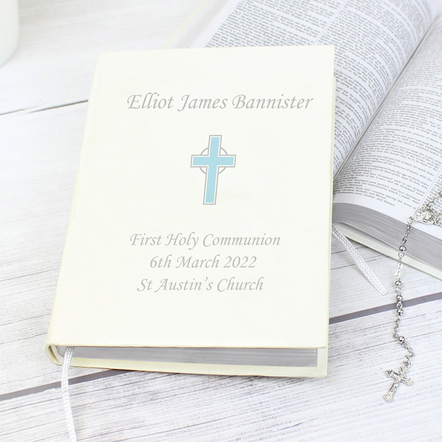 Personalised Blue Cross Holy Bible - Eco-friendly | Free Delivery