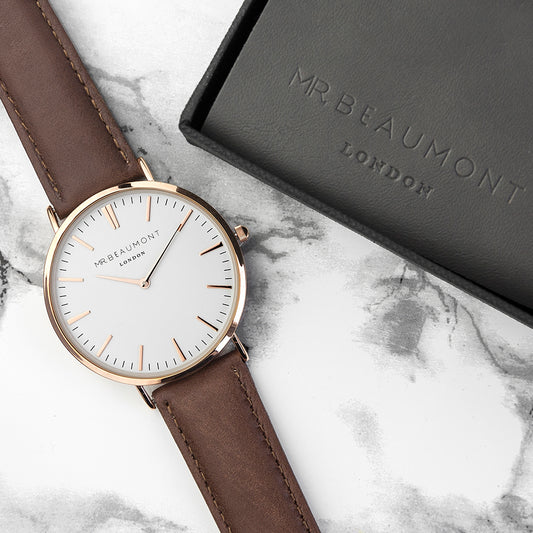 Personalised Mr Beaumont Vintage Men's Leather Watch in Brown